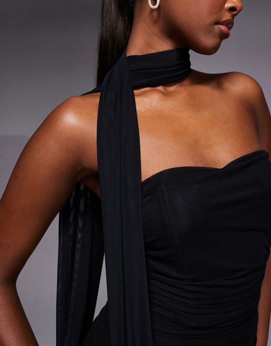 ASOS TFNC bandeau maxi dress with full sheer skirt and scarf detail in black - 4
