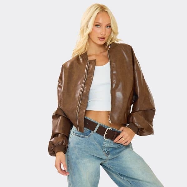 EGO EGO Brown Long Sleeve Zip-Up Faux Leather Bomber Jacket