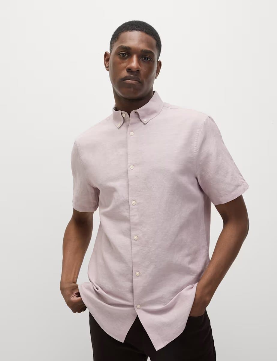 Marks & Spencer M&S Linen Cotton Short Sleeve Shirt Hessian