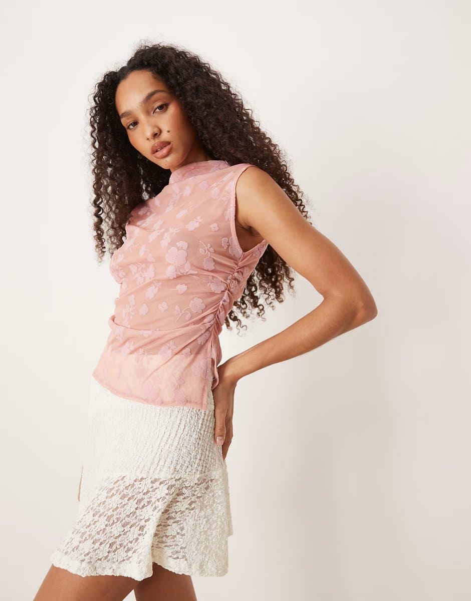 ASOS ASOS DESIGN ruched side high neck flocked mesh co ord top in pink