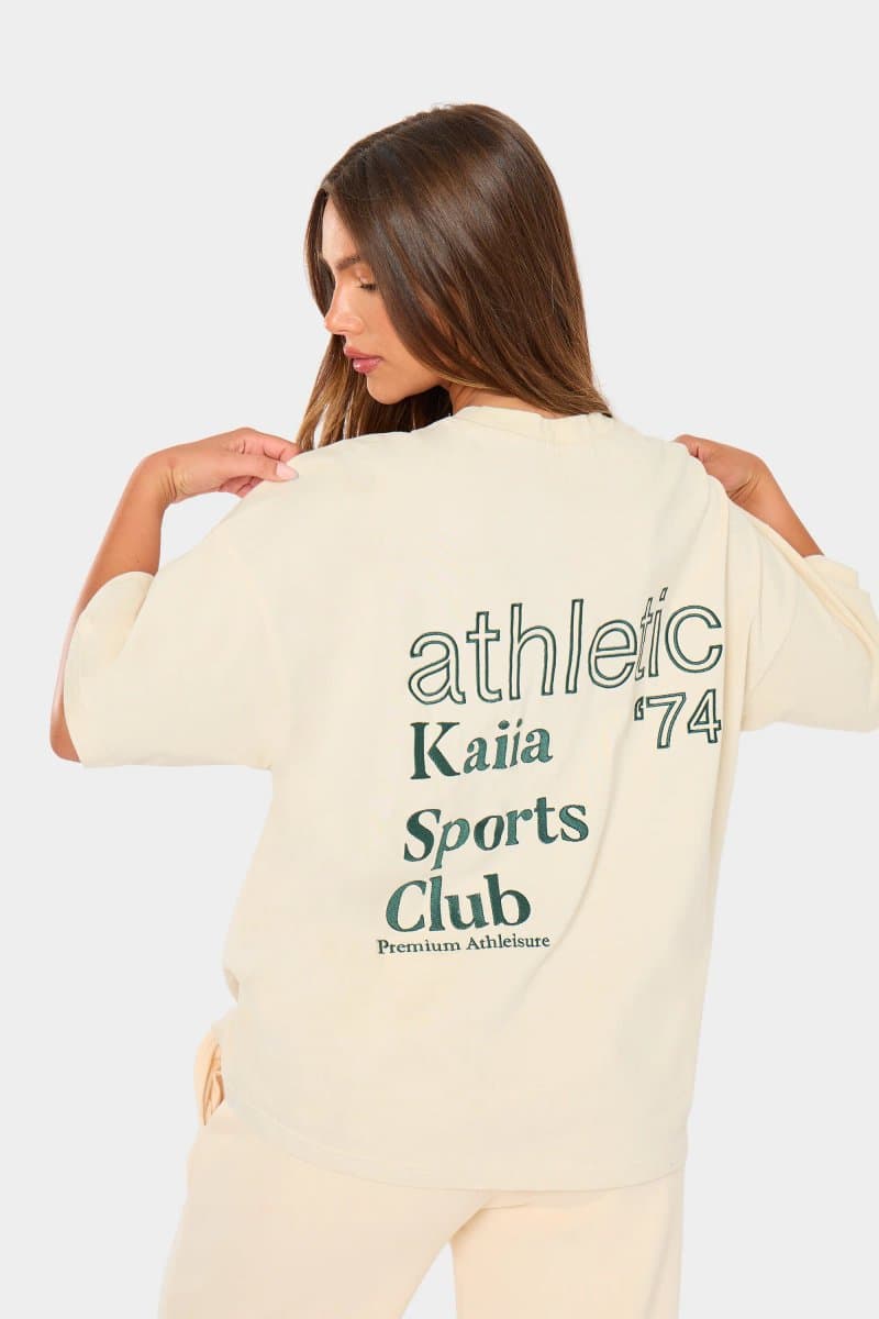 Kaiia Kaiia Cream & Green Athletic Back Graphic Oversized T-Shirt