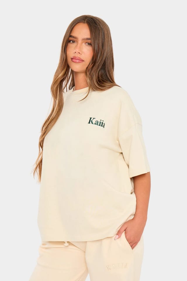 Kaiia Kaiia Athletic Back Graphic Oversized T-Shirt Cream & Green - 2