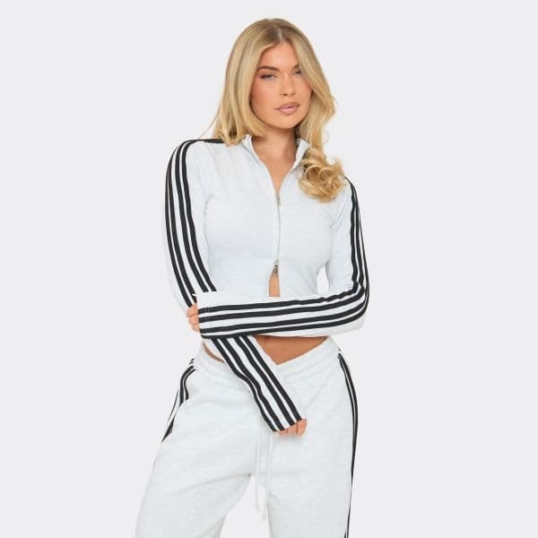 EGO Long Sleeve Double Zip Detail Contrast Stripe Jacket In Light Grey Marl, Women's Size UK 6 - 1