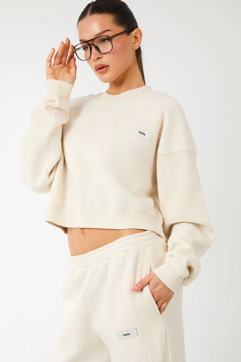 Kaiia Kaiia Label Logo Rib Panel Cropped Oversized Sweatshirt Cream - 2