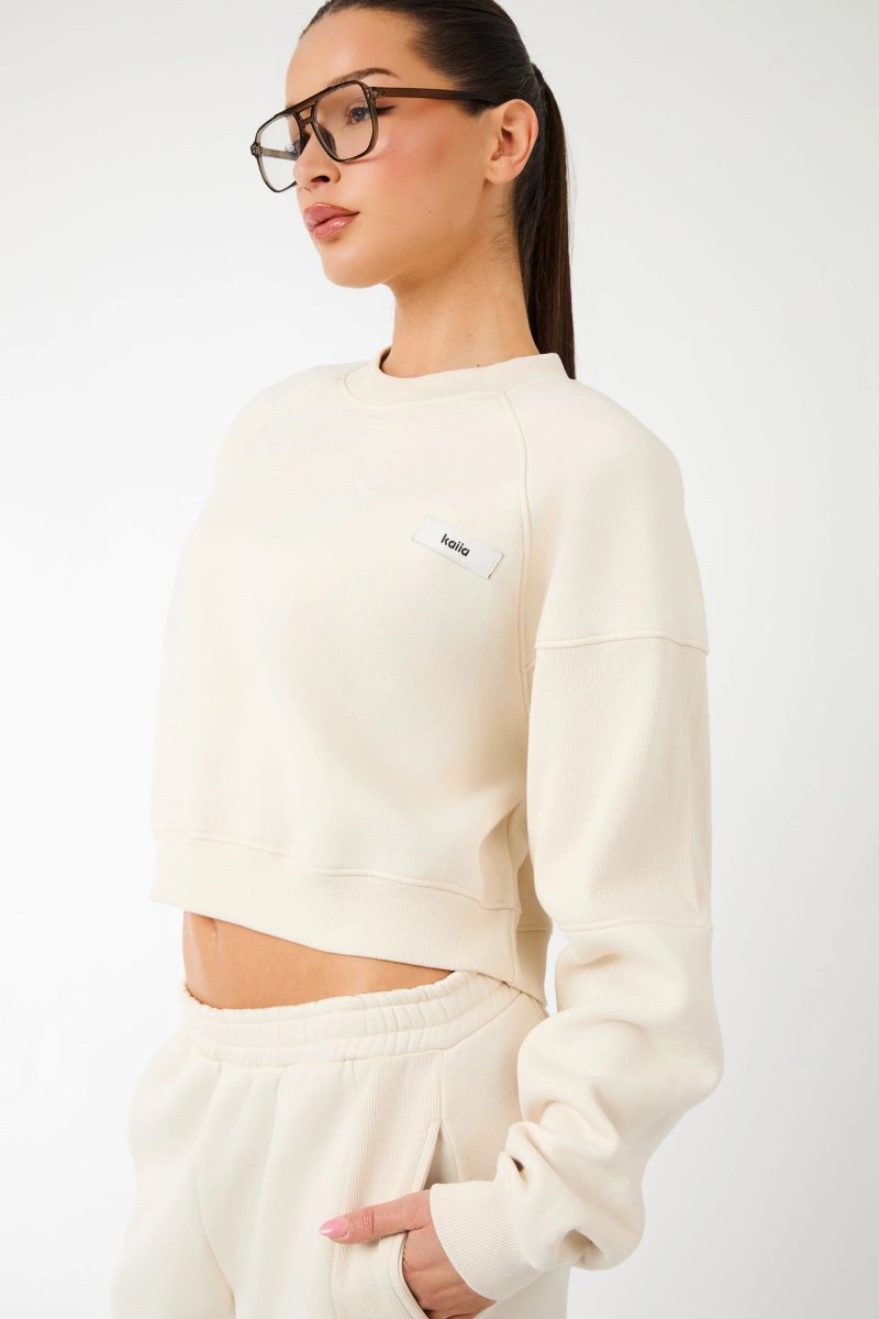 Kaiia Kaiia Label Logo Rib Panel Cropped Oversized Sweatshirt Cream - 4