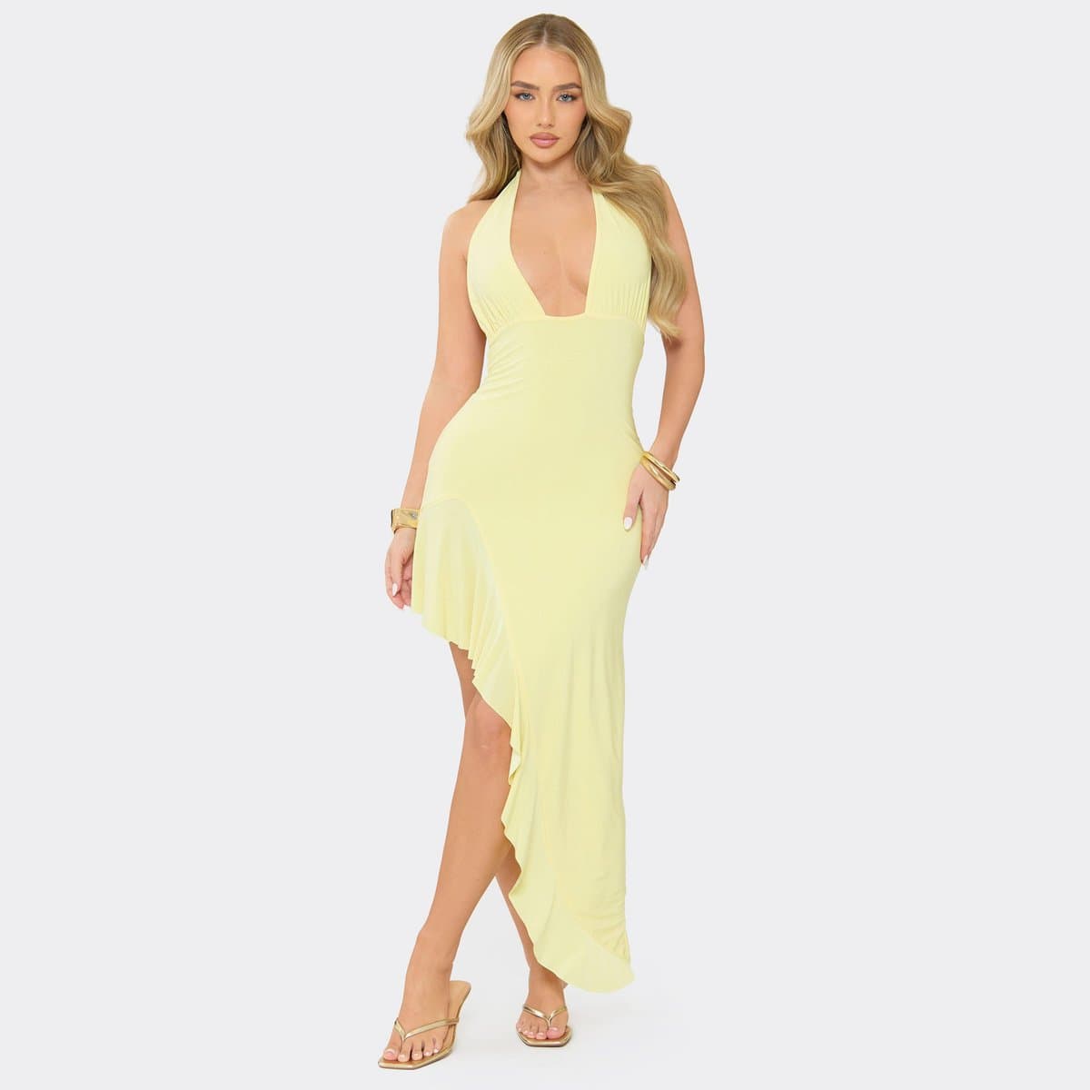 EGO Halterneck Asymmetric Hem Dress In Lemon Yellow, Women's Size UK 6