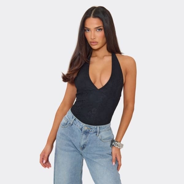 EGO Plunge Neck Bodysuit In Black Lace, Women's Size UK 6 - 1