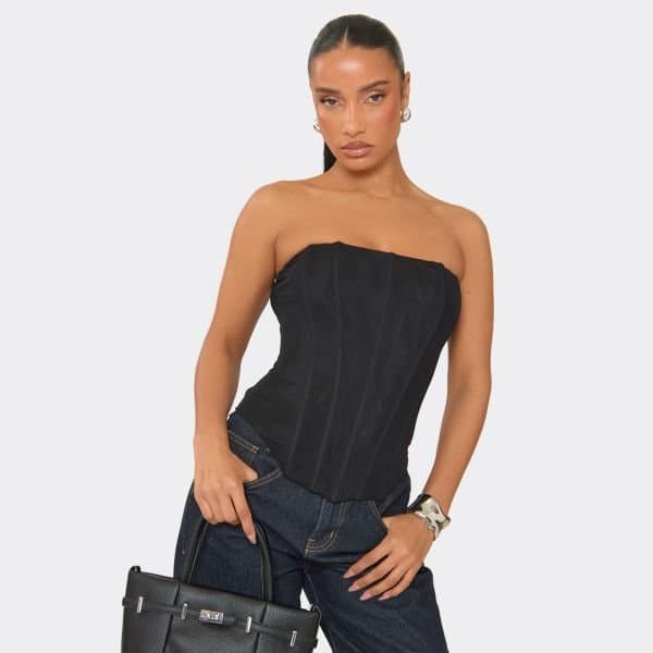 EGO Bandeau Corset Top In Black Mesh, Women's Size UK 6