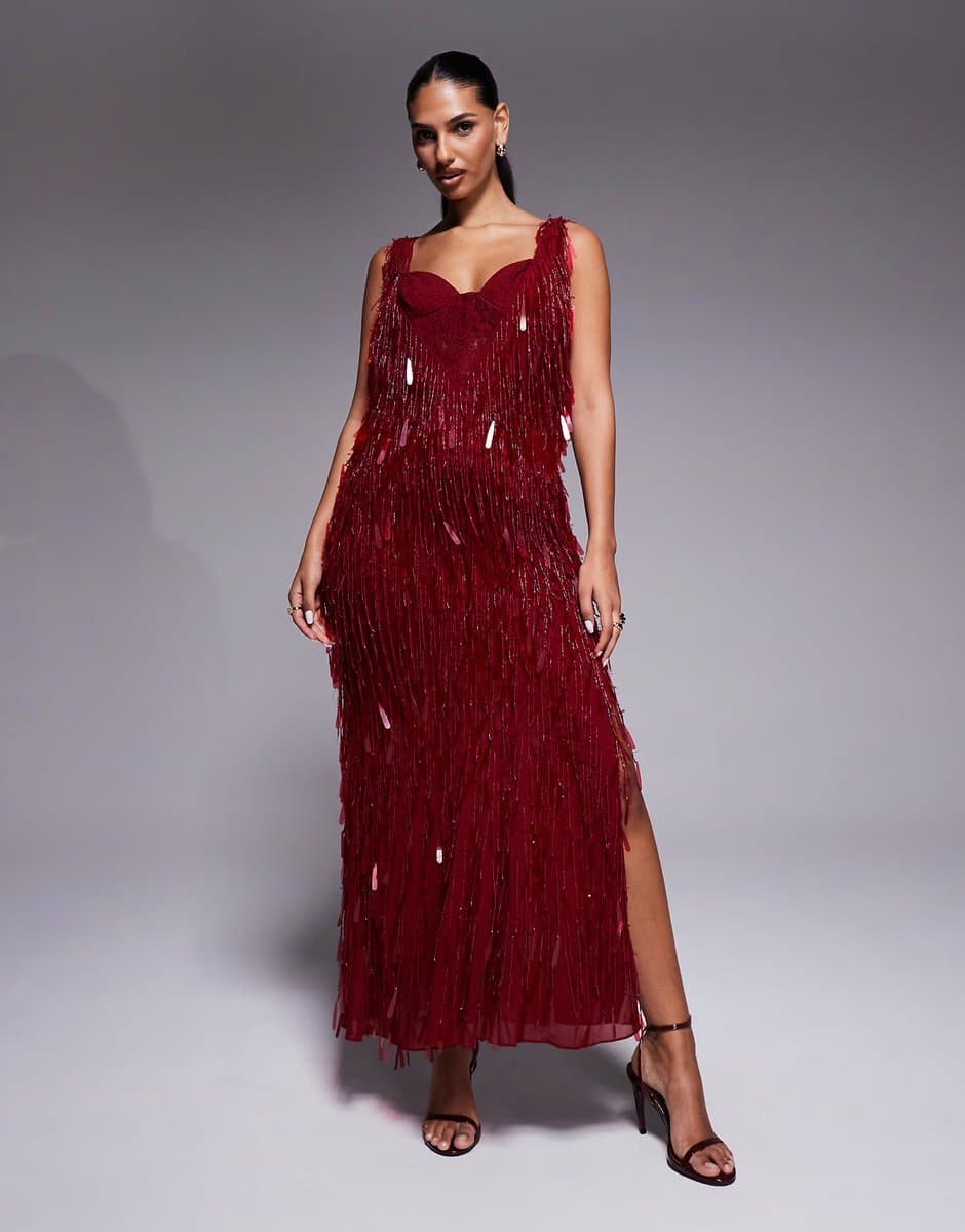 ASOS ASOS DESIGN fringe embellished cowl neck maxi dress with lace bralette underlay in cherry red
