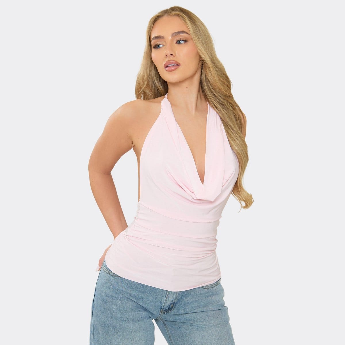 EGO Halterneck Cowl Front Detail Top In Baby Pink, Women's Size UK 6 - 1