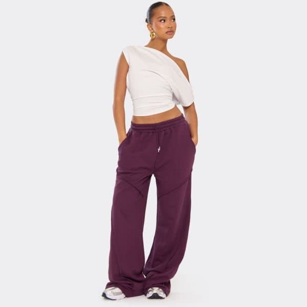 EGO Tie Waist Seam Detail Straight Leg Joggers In Plum, Women's Size UK 6