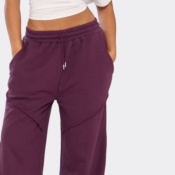 EGO Tie Waist Seam Detail Straight Leg Joggers In Plum, Women's Size UK 6 - 2
