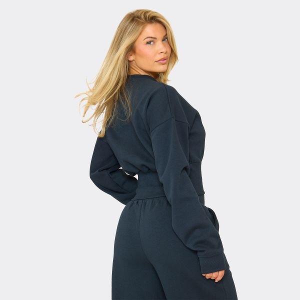 EGO Long Sleeve Graphic Detail Cinched Waist Cropped Sweatshirt In Navy Blue, Women's Size UK 6 - 2
