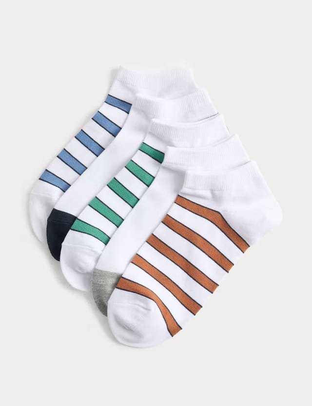 Marks & Spencer M&S 5 Pack Striped Cotton Rich Trainer Liners White Mix - 2