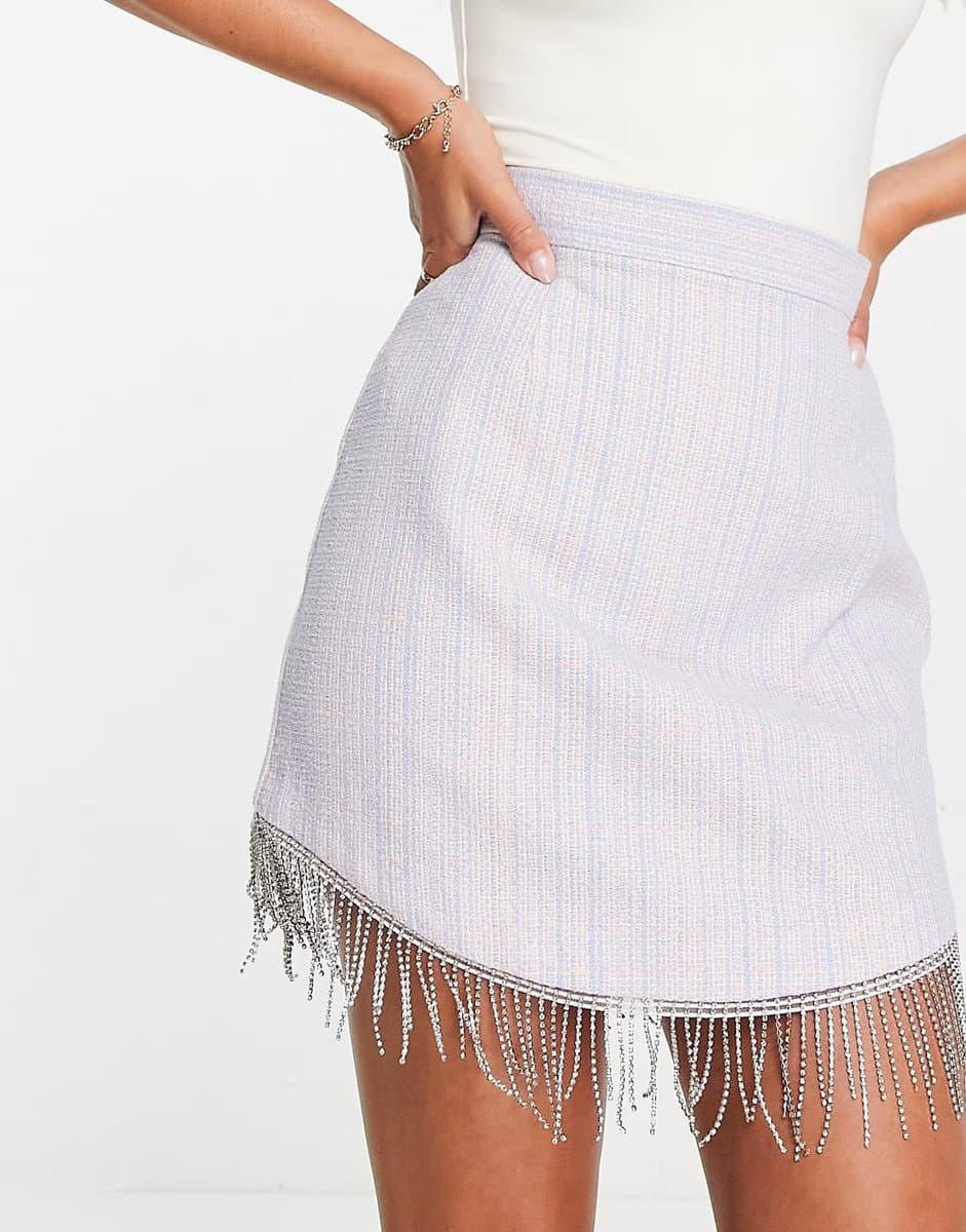 ASOS River Island co-ord diamante trim mini skirt in light blue