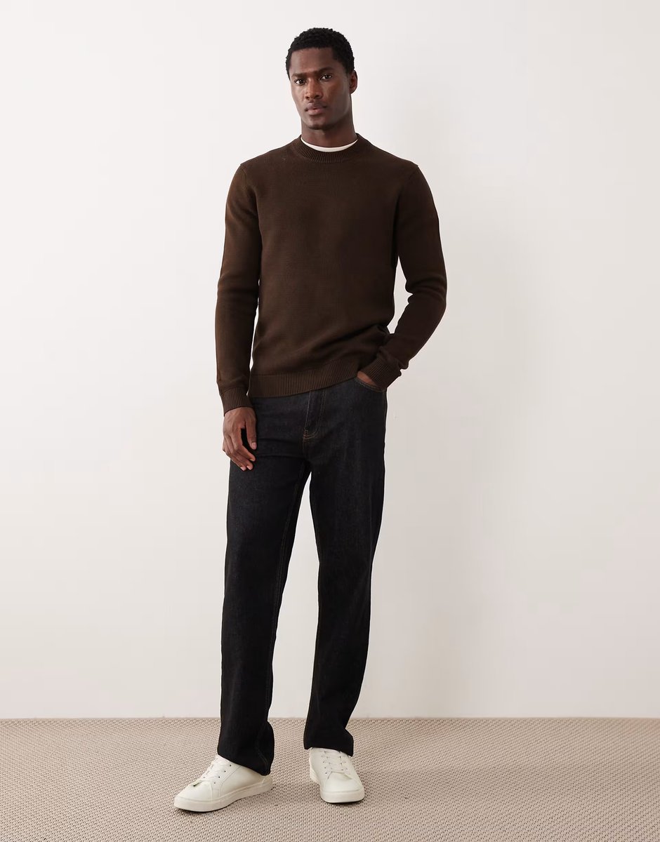 ASOS Selected 100% cotton knitted crew neck jumper in dark brown - 2