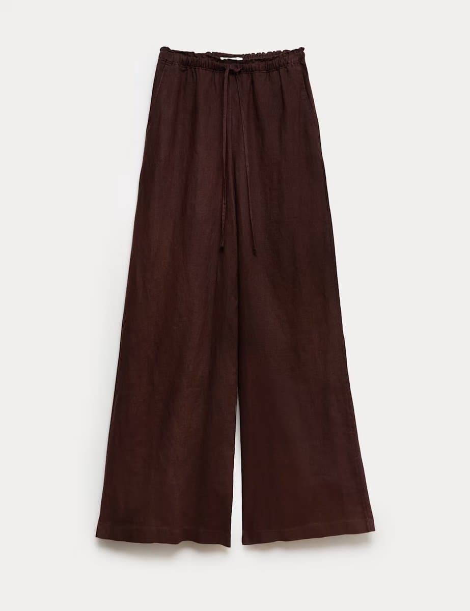 Marks & Spencer M&S Pure Linen Palazzo Trousers Peat