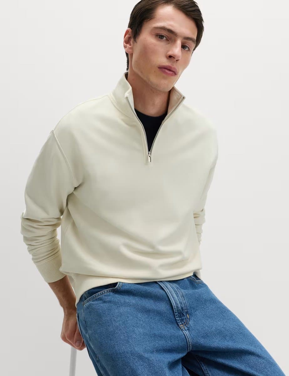 Marks & Spencer M&S Pure Cotton Garment Dye Half Zip Sweatshirt Ecru