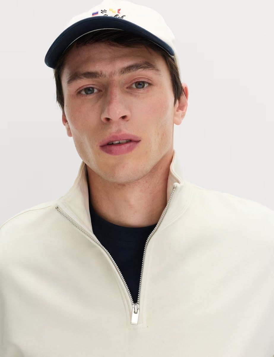 Marks & Spencer M&S Pure Cotton Garment Dye Half Zip Sweatshirt Ecru - 4