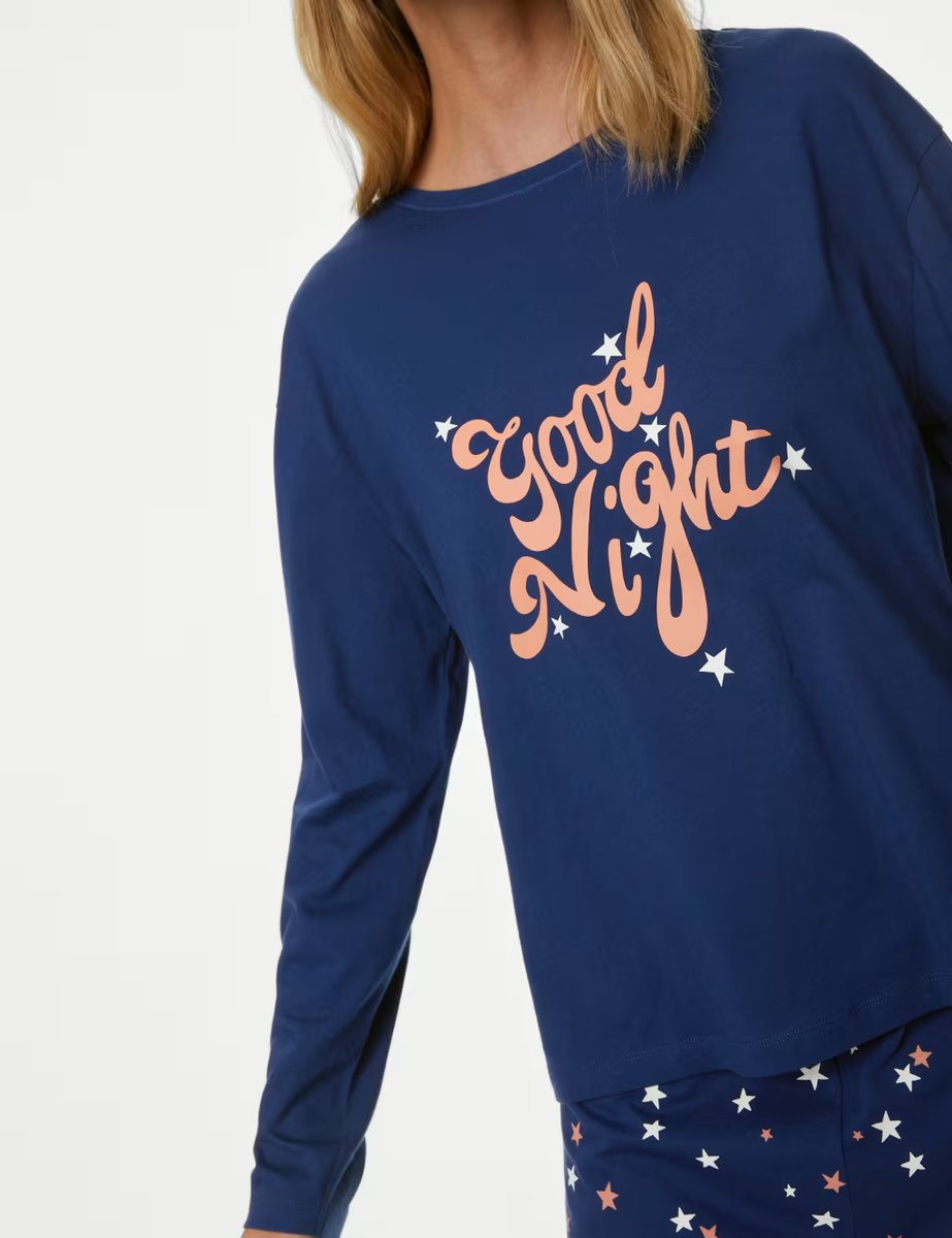 Marks & Spencer M&S Pure Cotton Good Night Slogan Pyjama Set Indigo Mix - 2