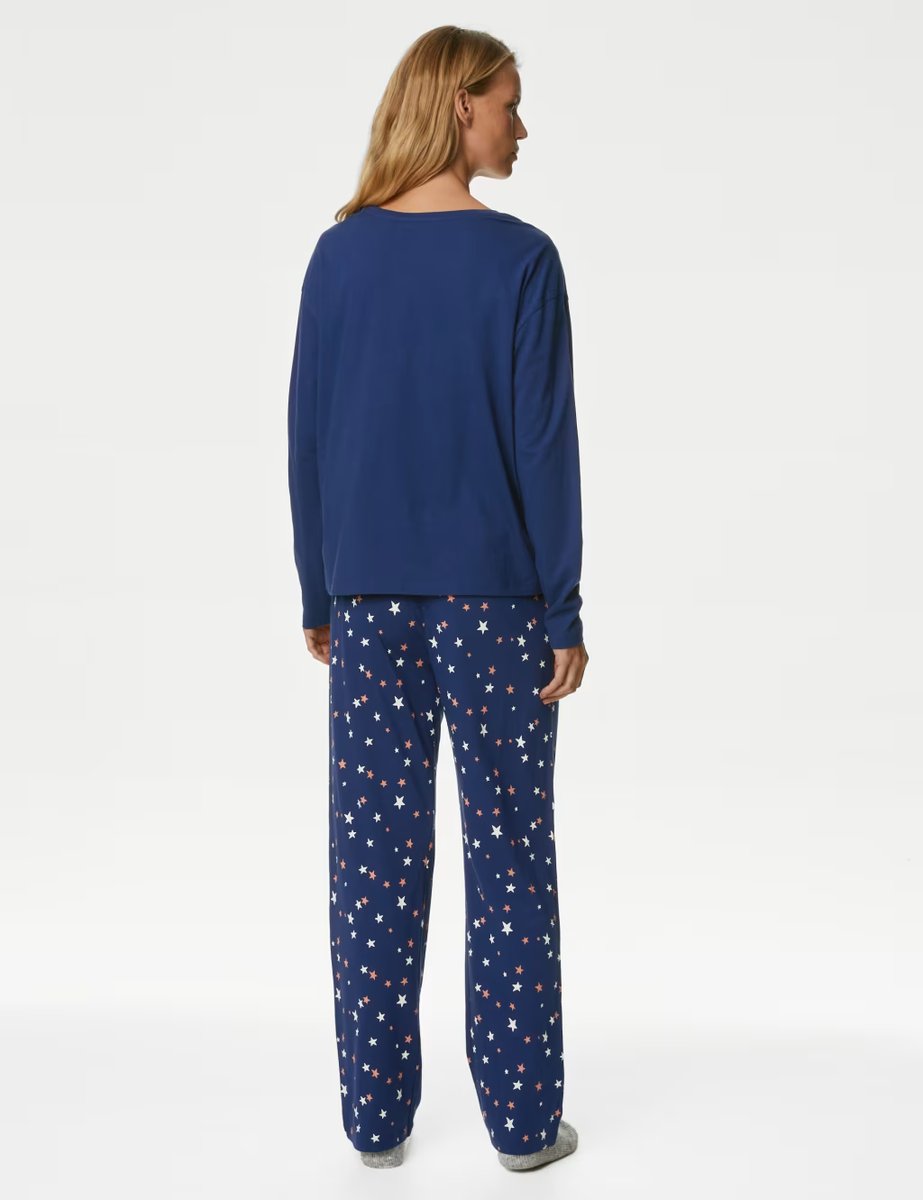 Marks & Spencer M&S Pure Cotton Good Night Slogan Pyjama Set Indigo Mix - 3