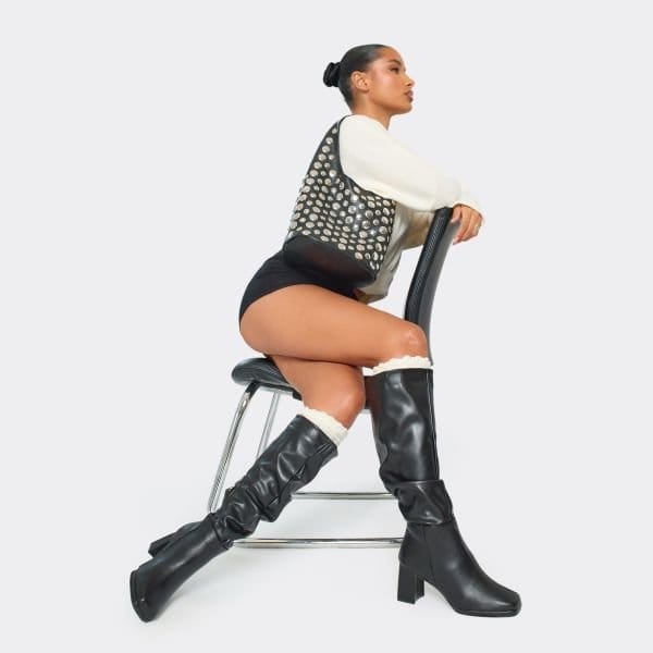 EGO Washington Square Toe Block Heel Knee High Long Boot In Black Faux Leather, Women's Size UK 3 - 2