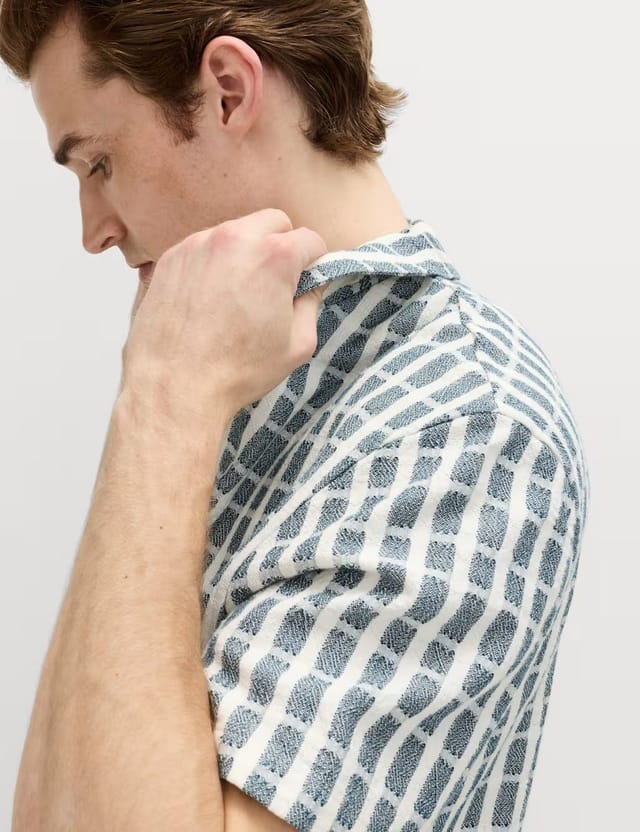 Marks & Spencer M&S Regular Fit Pure Cotton Short Sleeve Shirt Blue Mix - 2