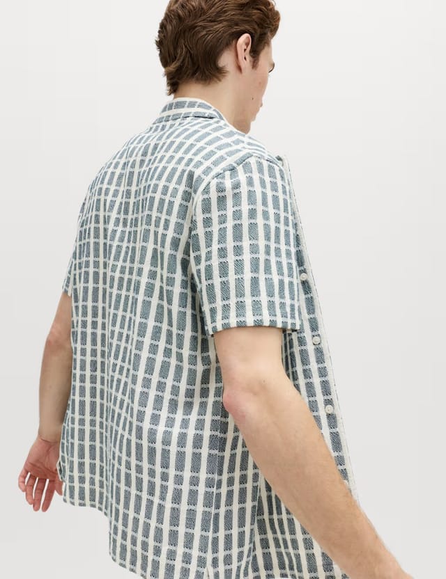 Marks & Spencer M&S Regular Fit Pure Cotton Short Sleeve Shirt Blue Mix - 3