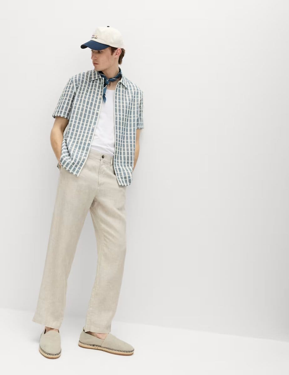 Marks & Spencer M&S Regular Fit Pure Cotton Short Sleeve Shirt Blue Mix - 4