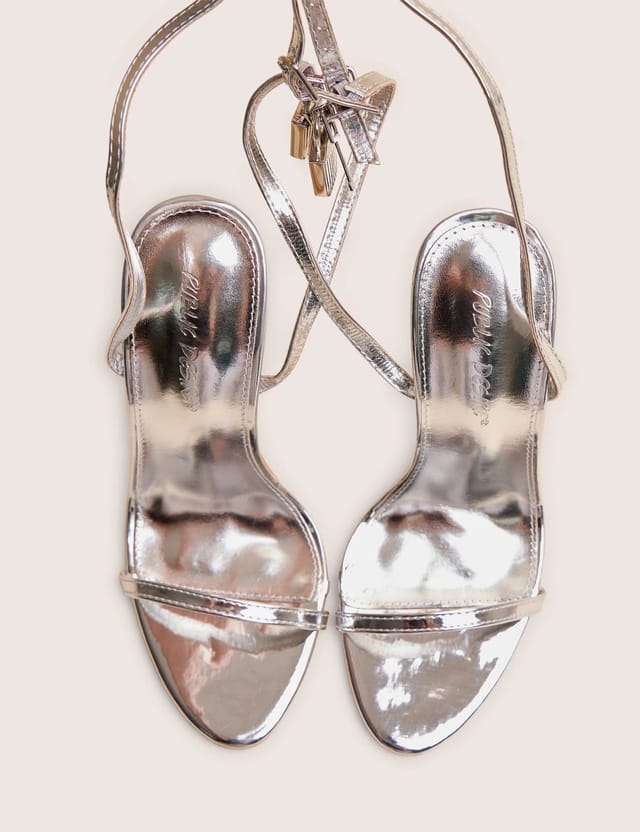 Public Desire Ti Amo Silver Metallic Pu Padlock Detail Barely There Pointed Toe Stilettos Heels - 2