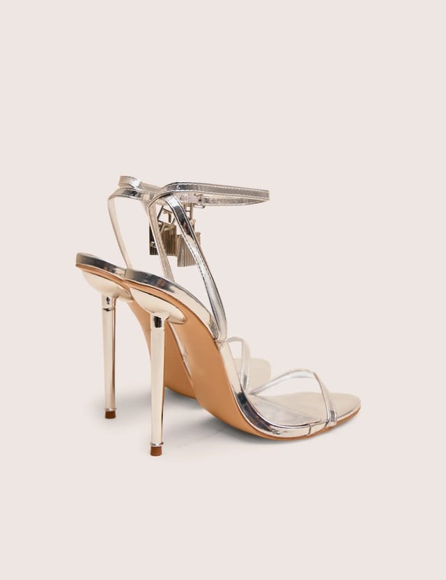Public Desire Ti Amo Silver Metallic Pu Padlock Detail Barely There Pointed Toe Stilettos Heels - 3