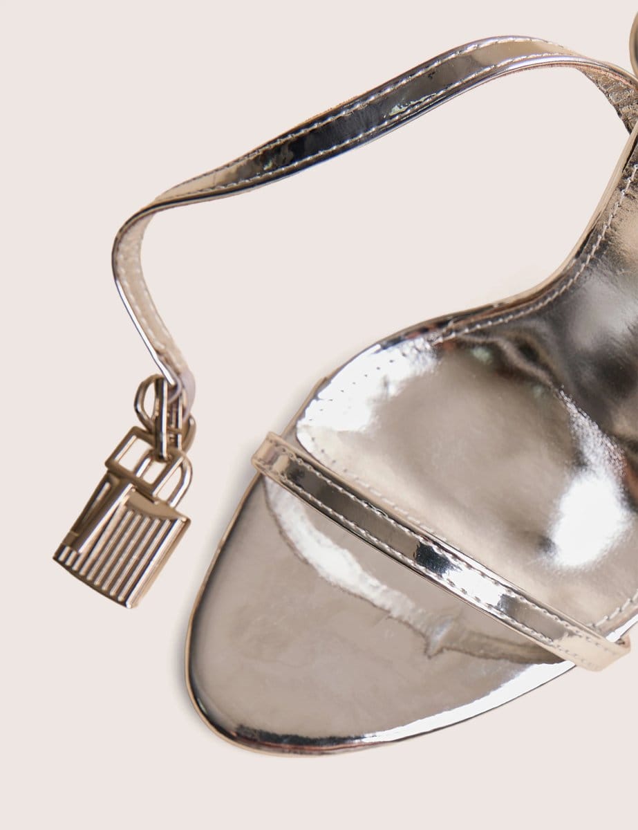 Public Desire Ti Amo Silver Metallic Pu Padlock Detail Barely There Pointed Toe Stilettos Heels - 4