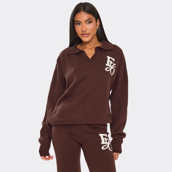EGO Long Sleeve Ego Graphic Collared Jumper In Chocolate Brown Knit, Women's Size UK Large L