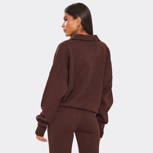 EGO Long Sleeve Ego Graphic Collared Jumper In Chocolate Brown Knit, Women's Size UK Large L - 2