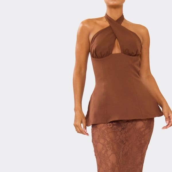 EGO Crossover Neck Peplum Contrast Lace Maxi Dress In Brown, Women's Size UK 6 - 2