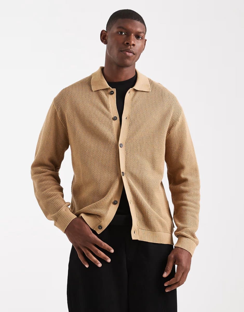 ASOS Redefined Rebel knitted button up polo cardigan in beige