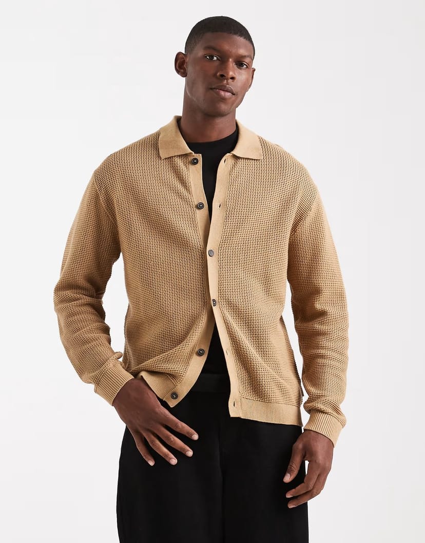 ASOS Redefined Rebel knitted button up polo cardigan in beige - 1