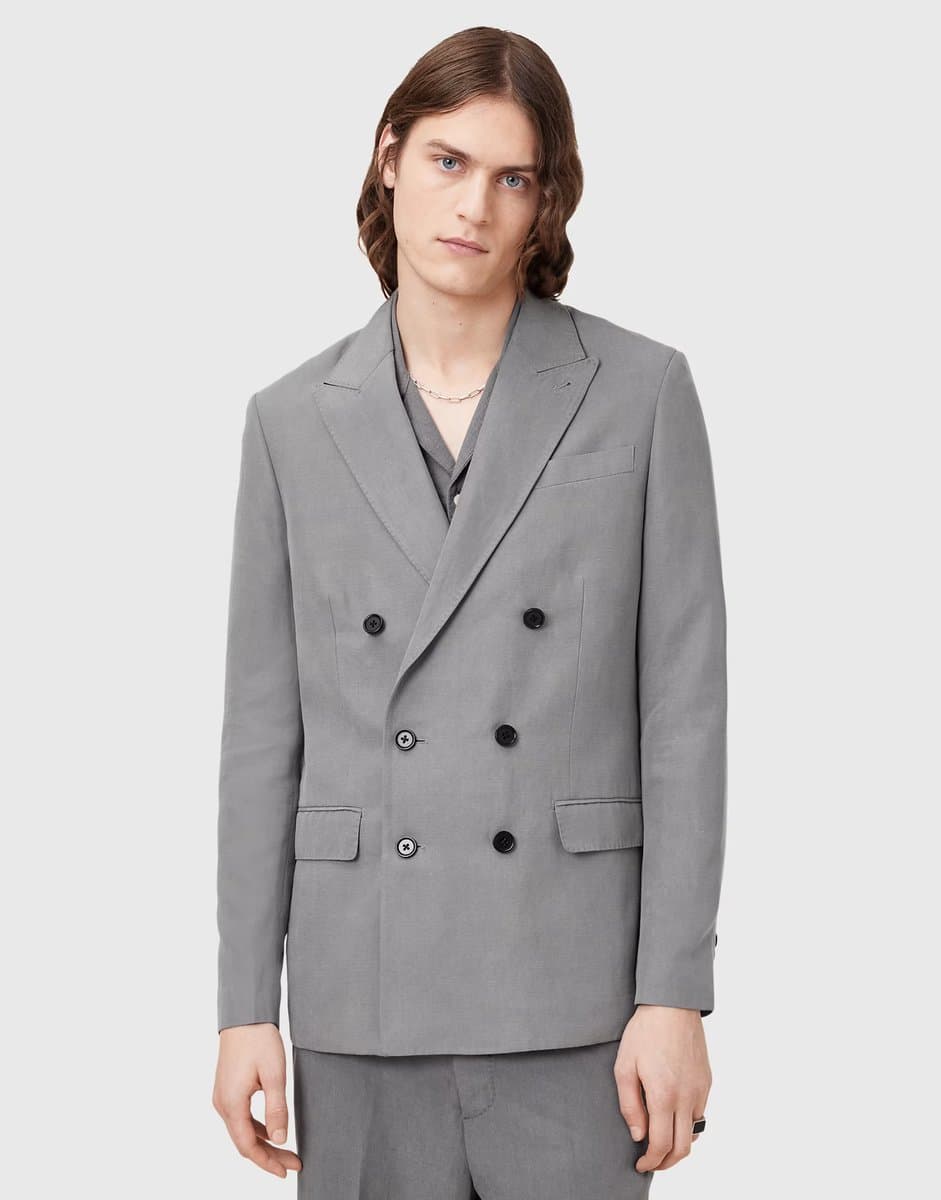 ASOS Allsaints Orpheus double breasted tailored blazer in light grey - GREY