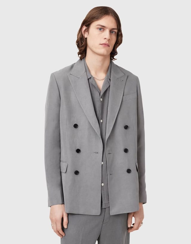 ASOS Allsaints Orpheus double breasted tailored blazer in light grey - GREY - 3