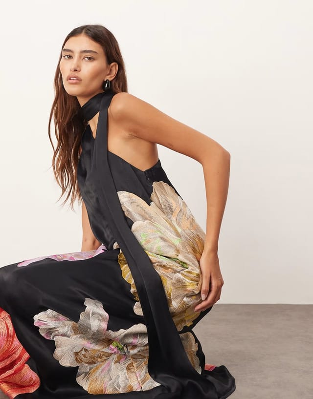ASOS ARRANGE supersize floral embroidered scarf neck one shoulder maxi dress in black - 3