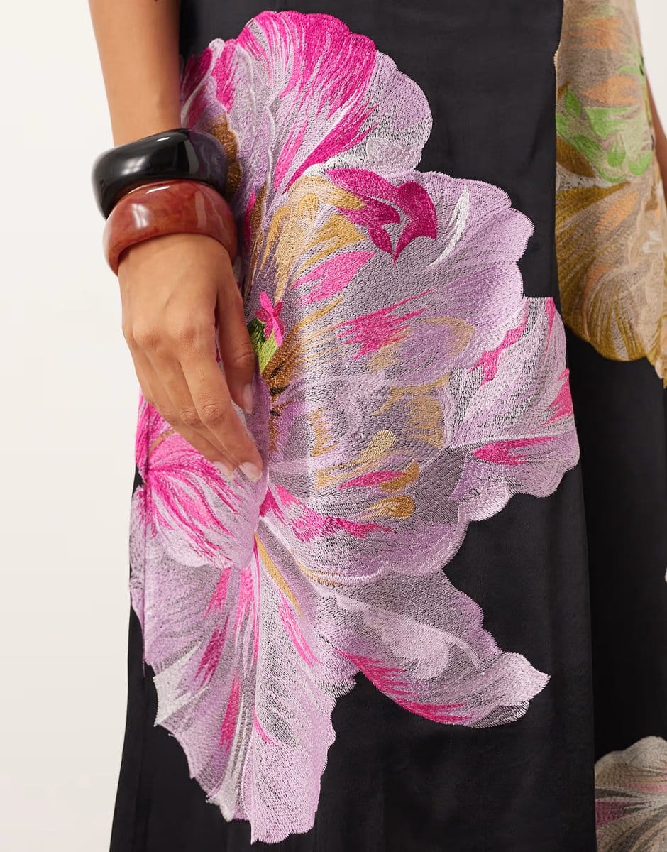 ASOS ARRANGE supersize floral embroidered scarf neck one shoulder maxi dress in black - 4