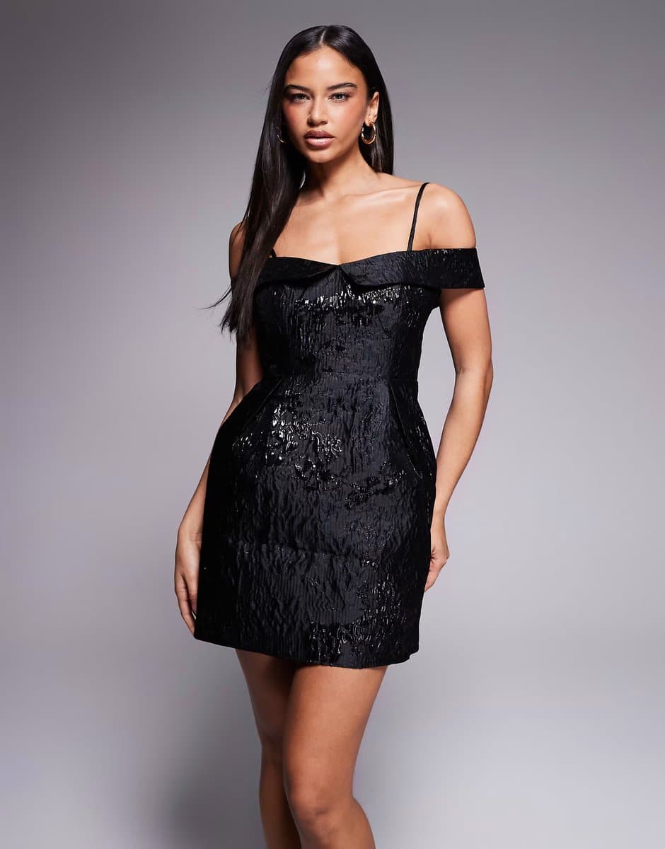 ASOS New Look jacquard bardot mini dress in black
