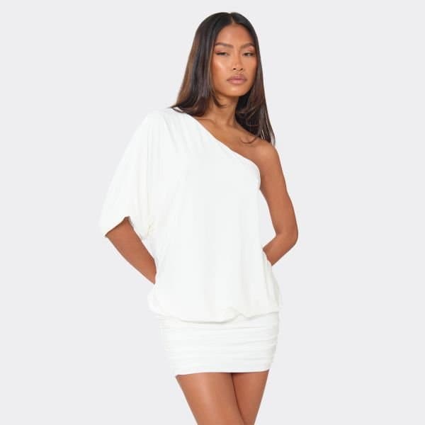 EGO One Shoulder Blouson Mini Dress In White, Women's Size UK 6