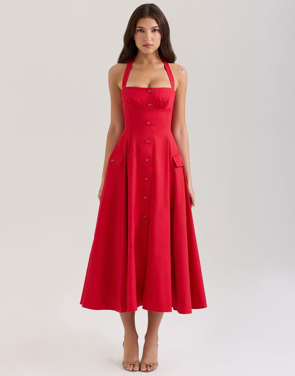 ASOS House of CB Claudia stretch cotton button halter neck midi dress in red