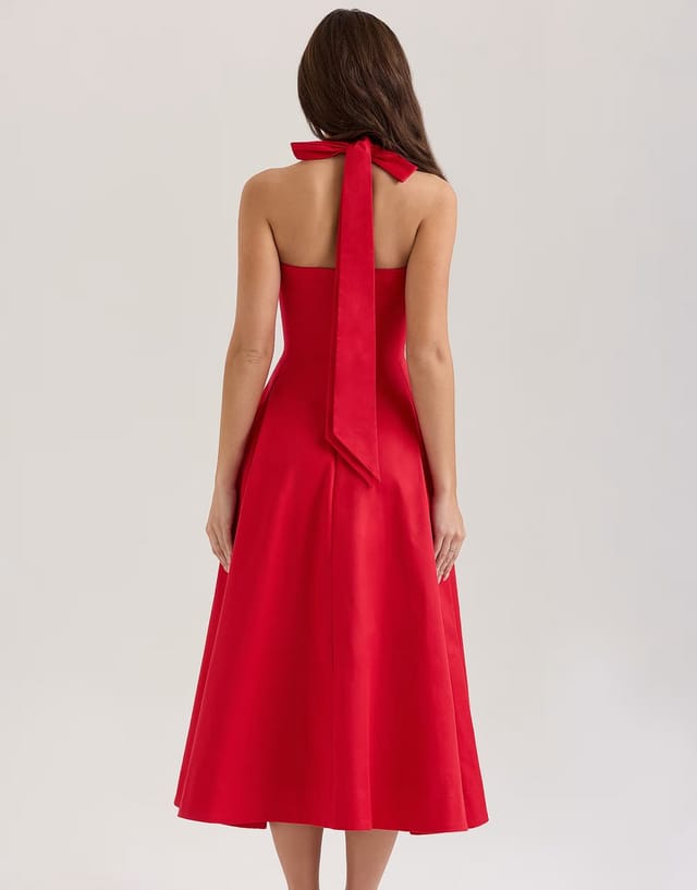 ASOS House of CB Claudia stretch cotton button halter neck midi dress in red - 2