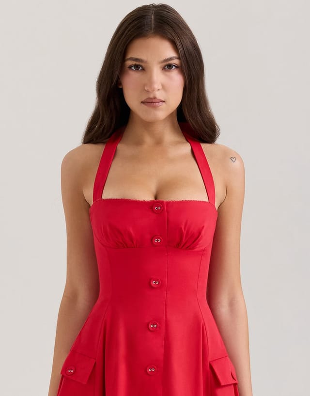 ASOS House of CB Claudia stretch cotton button halter neck midi dress in red - 3