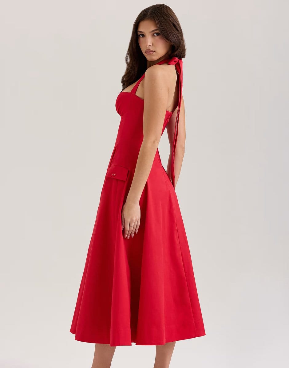 ASOS House of CB Claudia stretch cotton button halter neck midi dress in red - 4