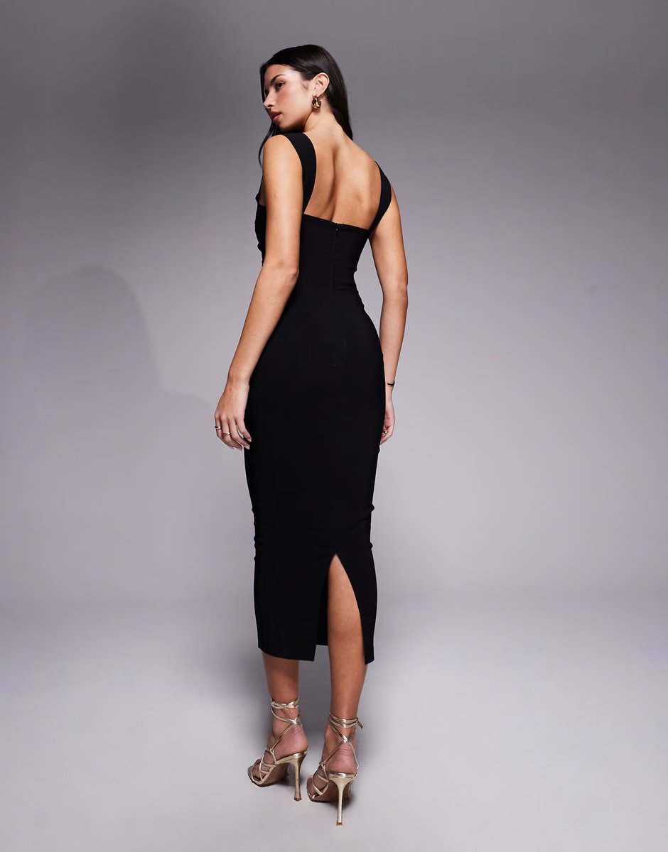 ASOS Vesper bengaline sweetheart neckline ruched front midaxi dress in black - 4