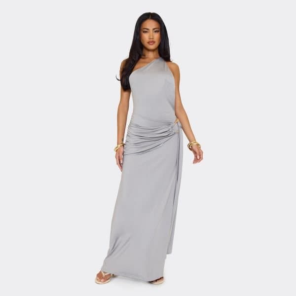 EGO One Shoulder Open Back Trim Detail Maxi Dress In Grey, Women's Size UK Large L