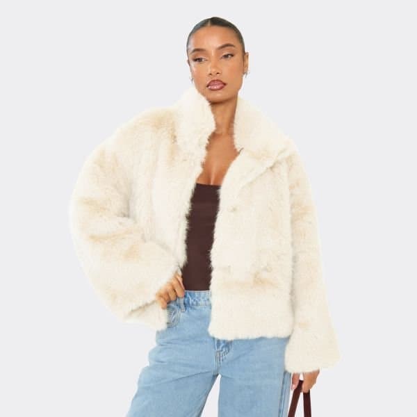 EGO EGO Collared Faux Fur Jacket in Cream